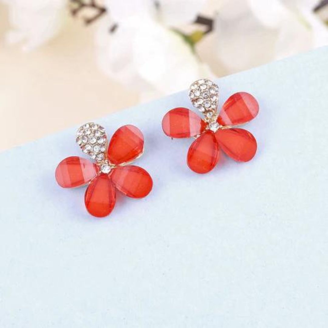 Red Floral Rhinestone Stud Statement Earrings - Main Image
