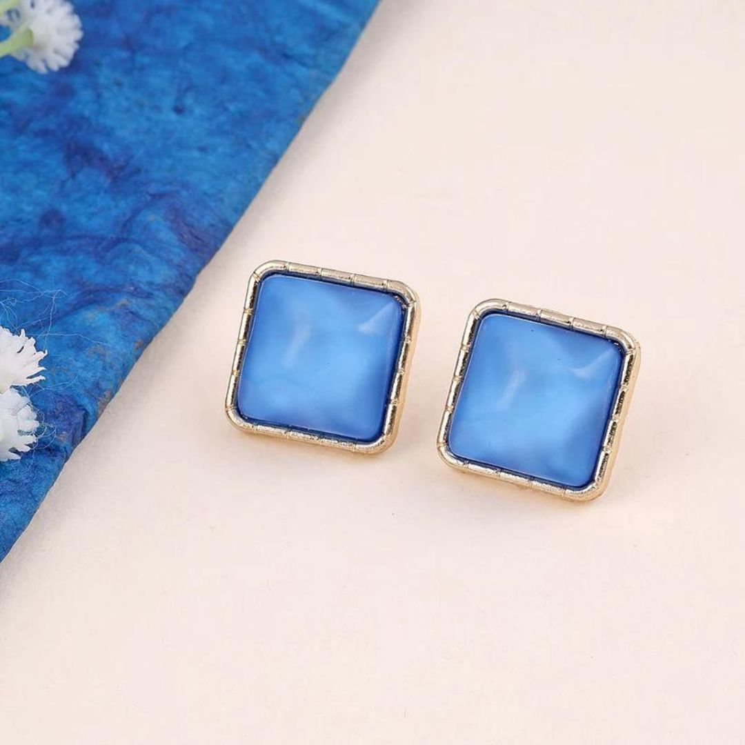 Blue Square Stud Statement Earrings