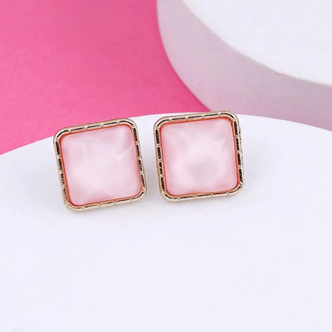 Pink Square Stud Statement Earrings