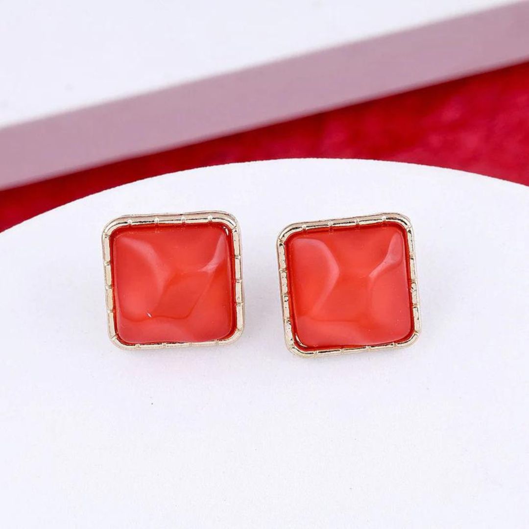 Red Square Stud Statement Earrings