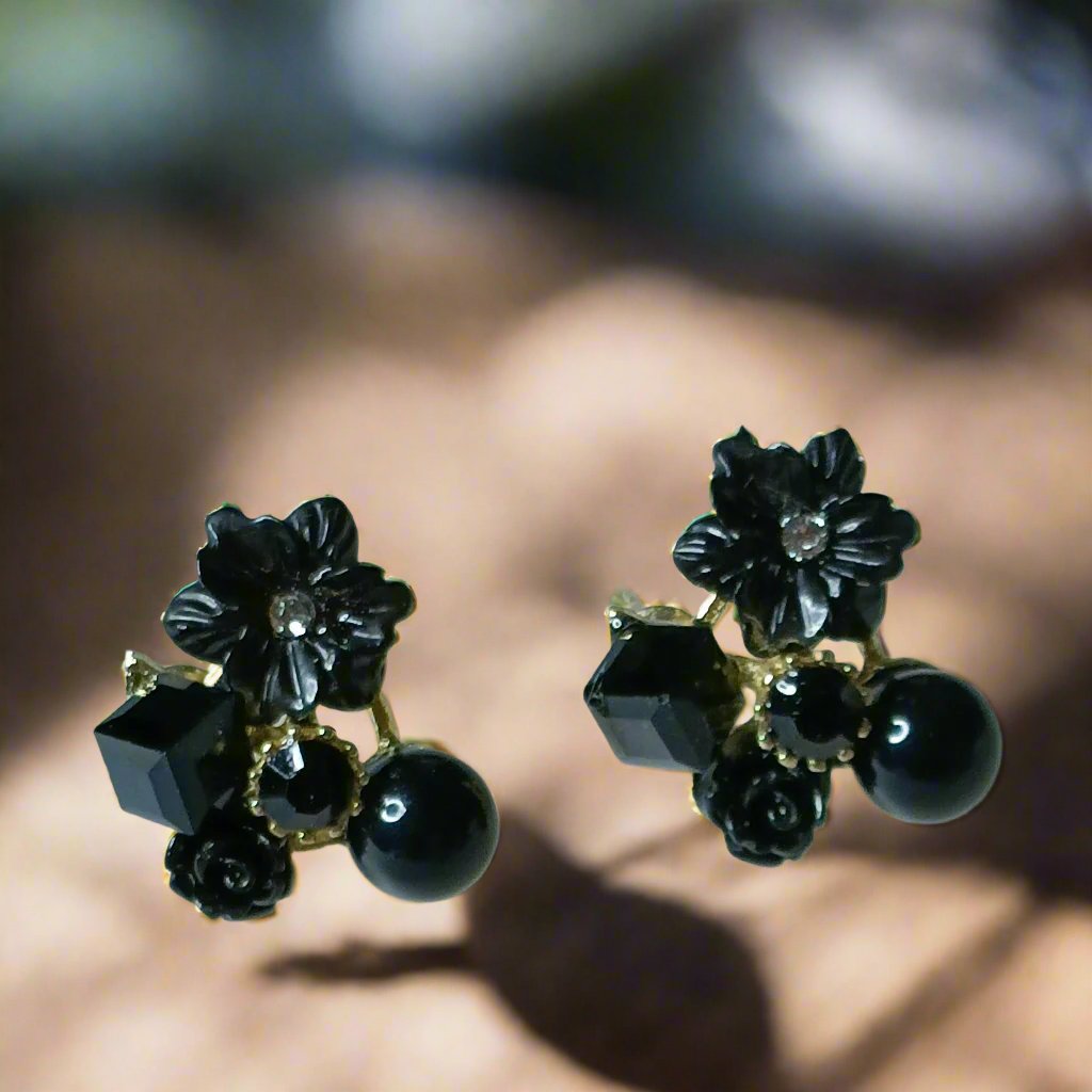 Black Flower Collage Statement Korean Earrings