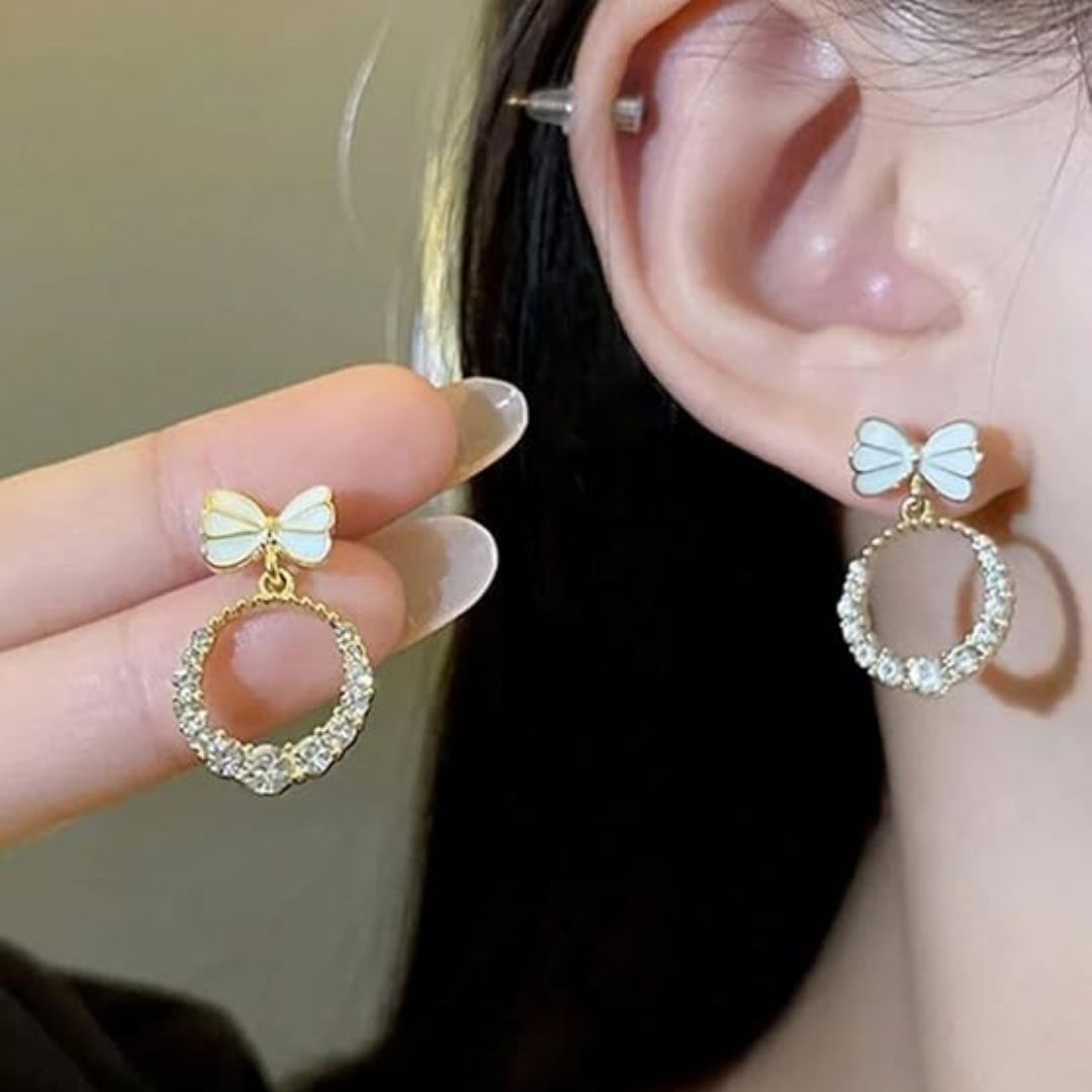 Bow Charm Crystal Drop Korean Fashion Earrings