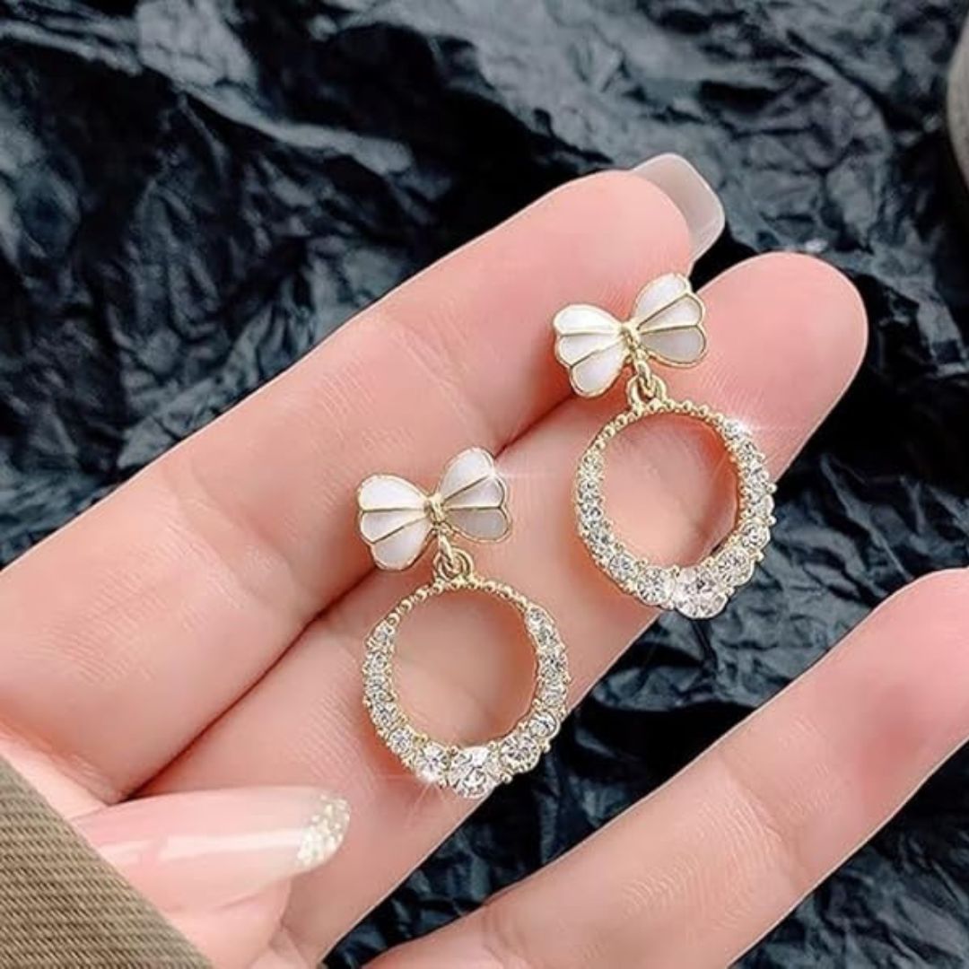 Bow Charm Crystal Drop Korean Fashion Earrings