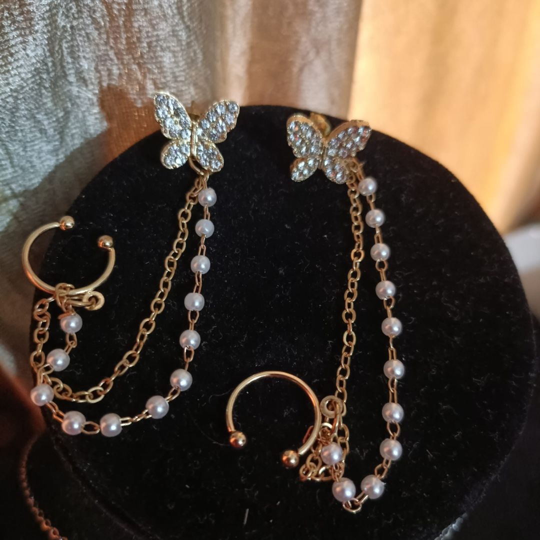 Butterfly Pearl Earcuff Tassel Earrings