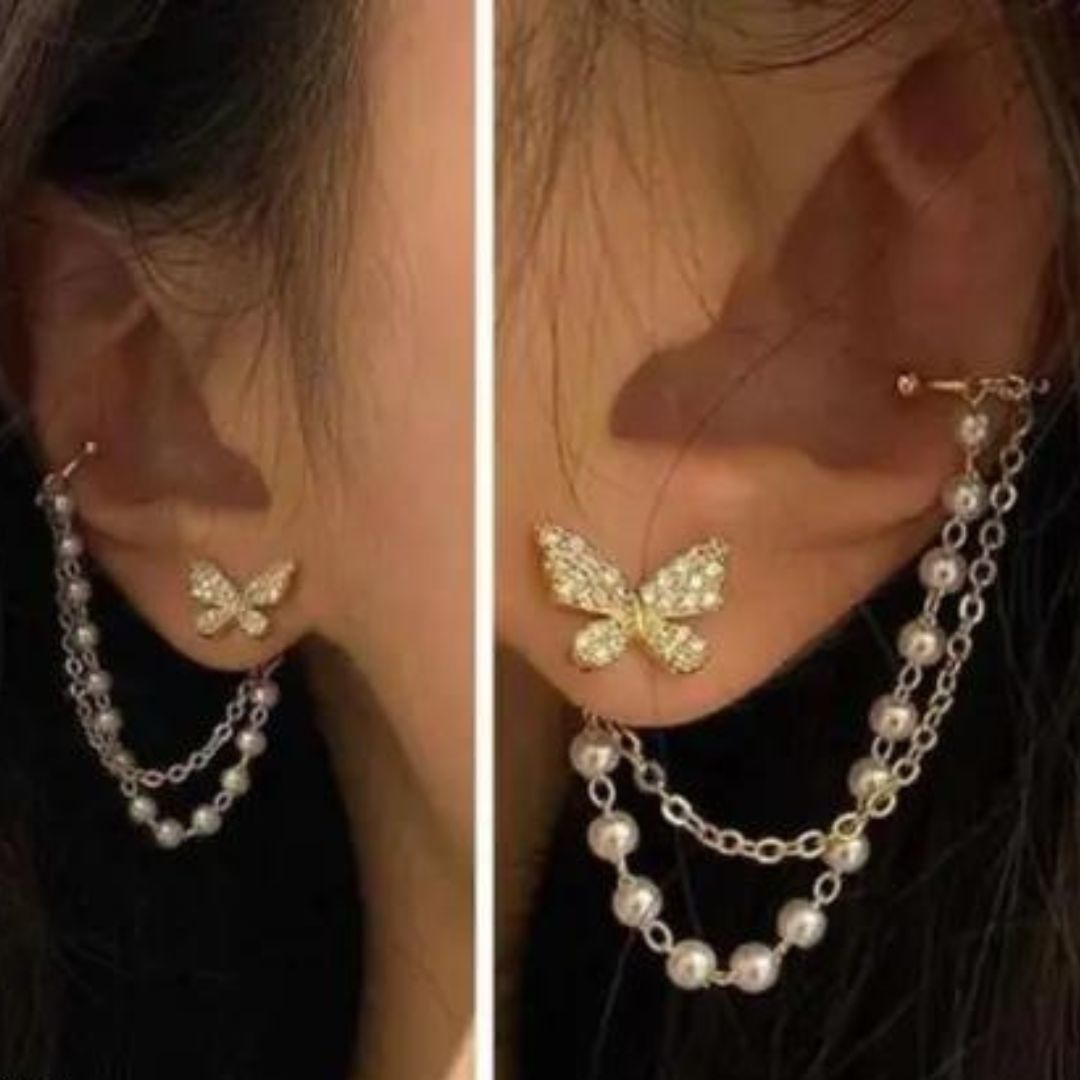 Butterfly Pearl Earcuff Tassel Earrings