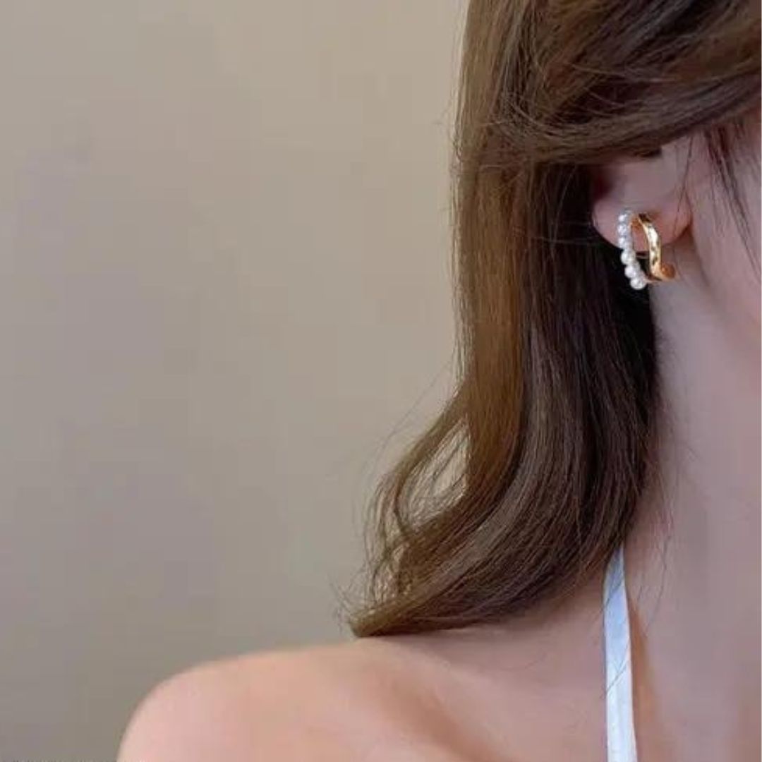 C Shaped Pearl Gold Hoop Korean Fashion Earrings