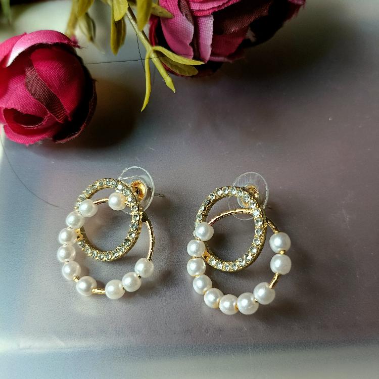 Crystal Pearl Double Loop Statement Korean Fashion Earring