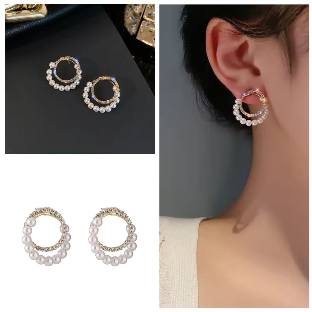 Crystal Pearl Double Loop Statement Korean Fashion Earring