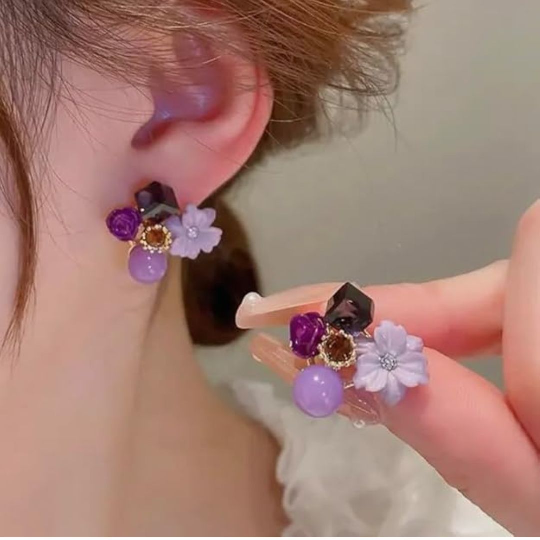Purple Flower Collage Statement Earrings