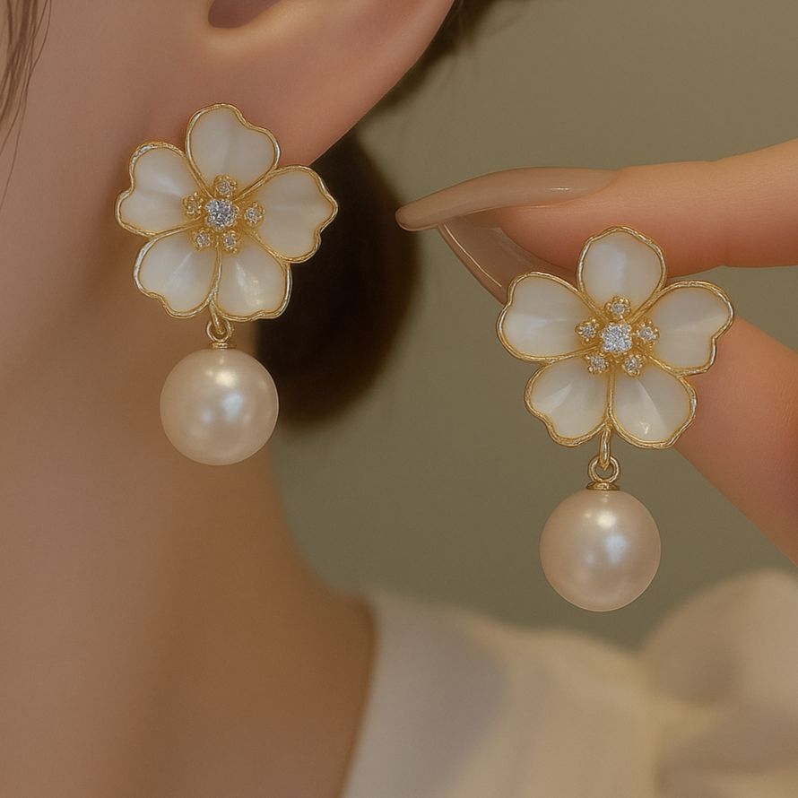 Flower and Pearl drop Earrings
