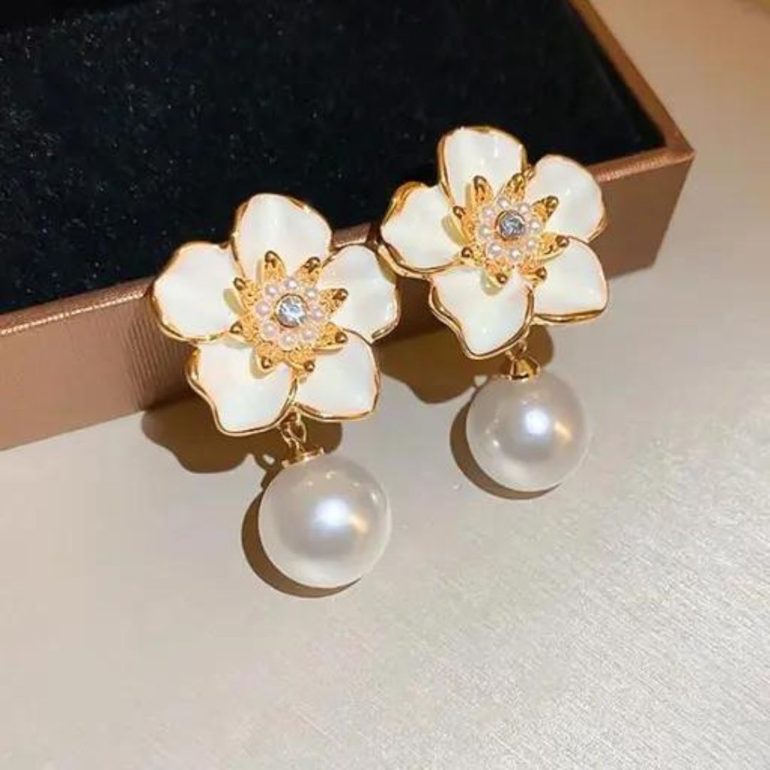 Flower and Pearl drop Korean Fashion earrings