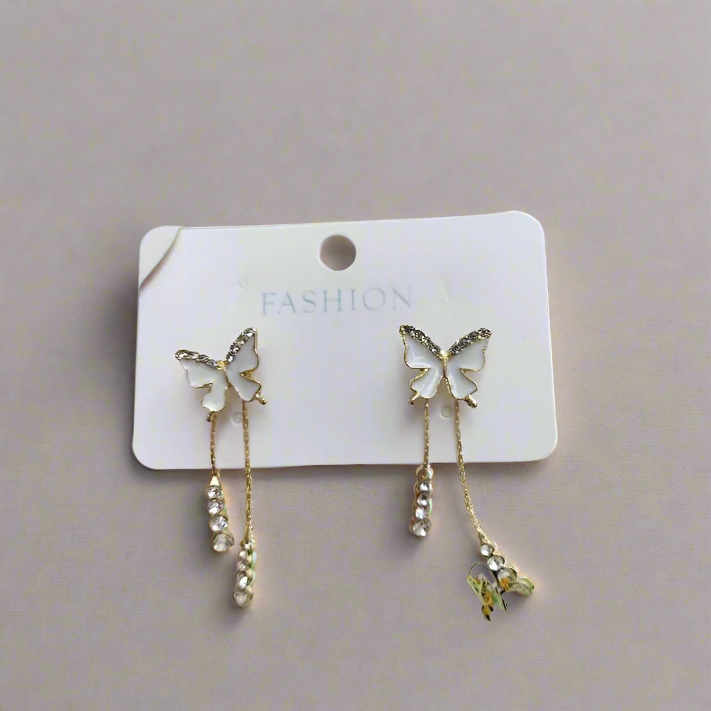 Golden Pearl Butterfly Tassel Earrings