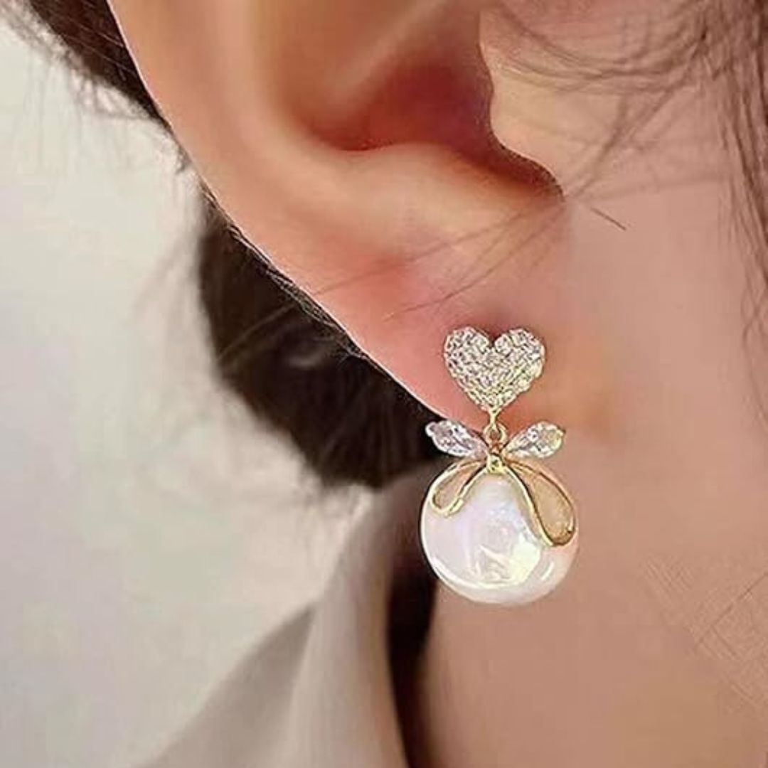 Heart and Pearl Drop Korean Fashion Earrings