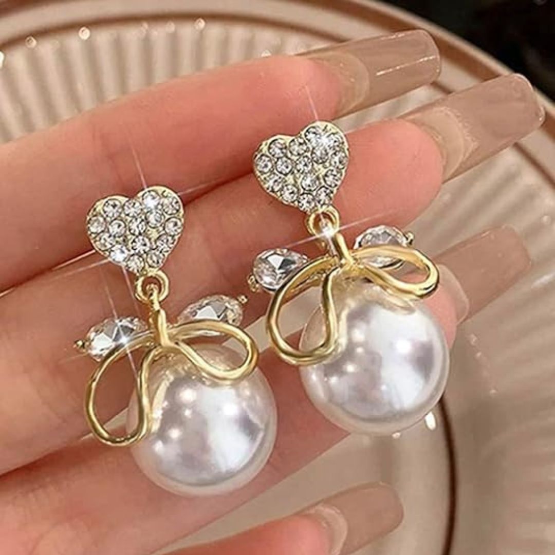 Heart and Pearl Drop Korean Fashion Earrings