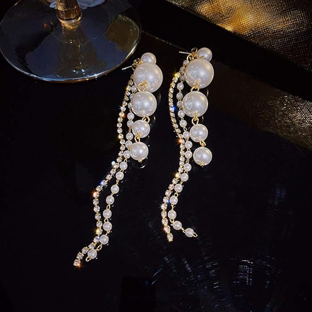 Long Pearl Dangle Tassel Trendy Korean Fashion Earrings