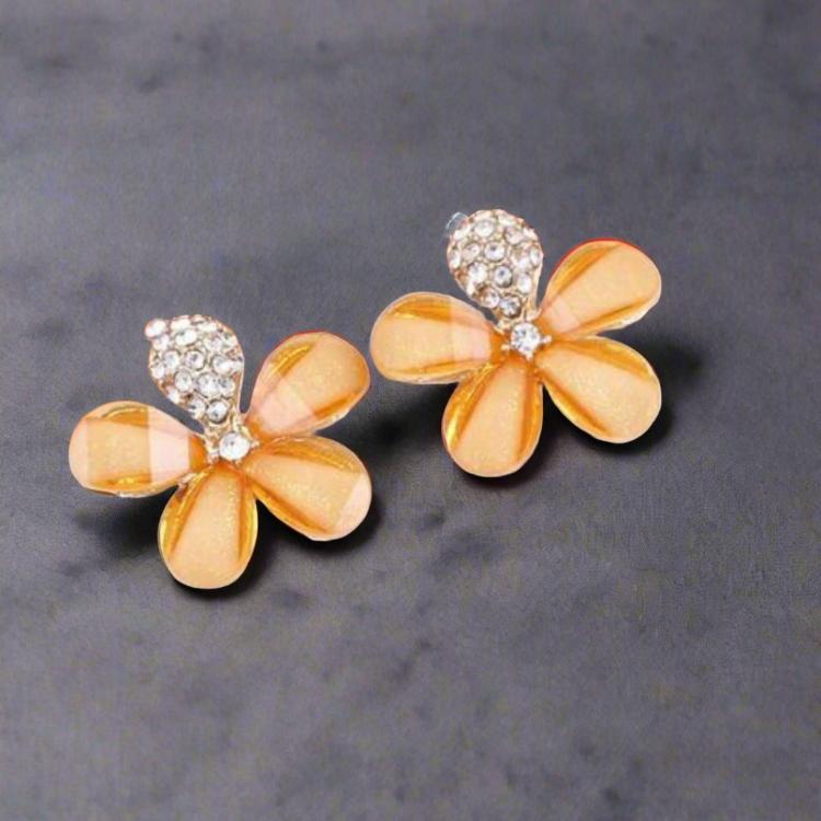 Orange Floral Rhinestone Stud Statement Trendy Korean Fashion Earrings
