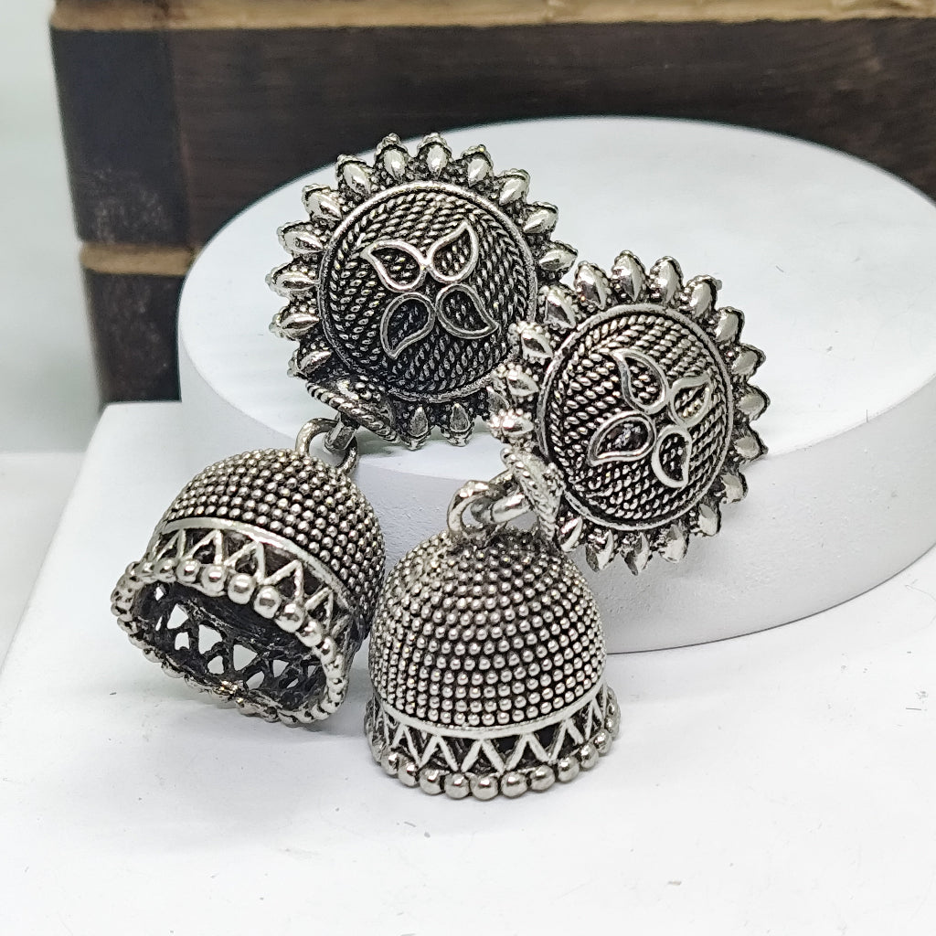 Oxidized Floral Silver Bell Jhumka