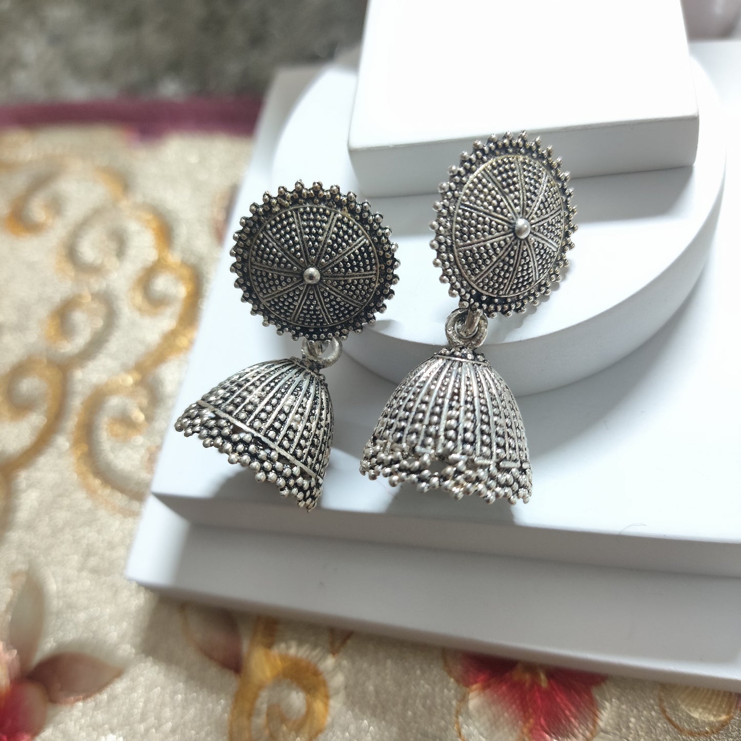 Oxidized Parijat Floral Jhumka