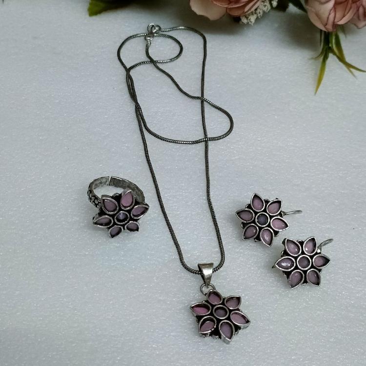 Oxidized Purple Floral Jewellery Set