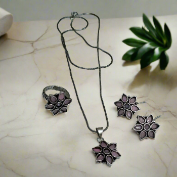 Oxidized Purple Floral Jewellery Set