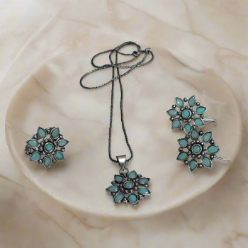 Oxidized Turquoise Floral Jewellery Set