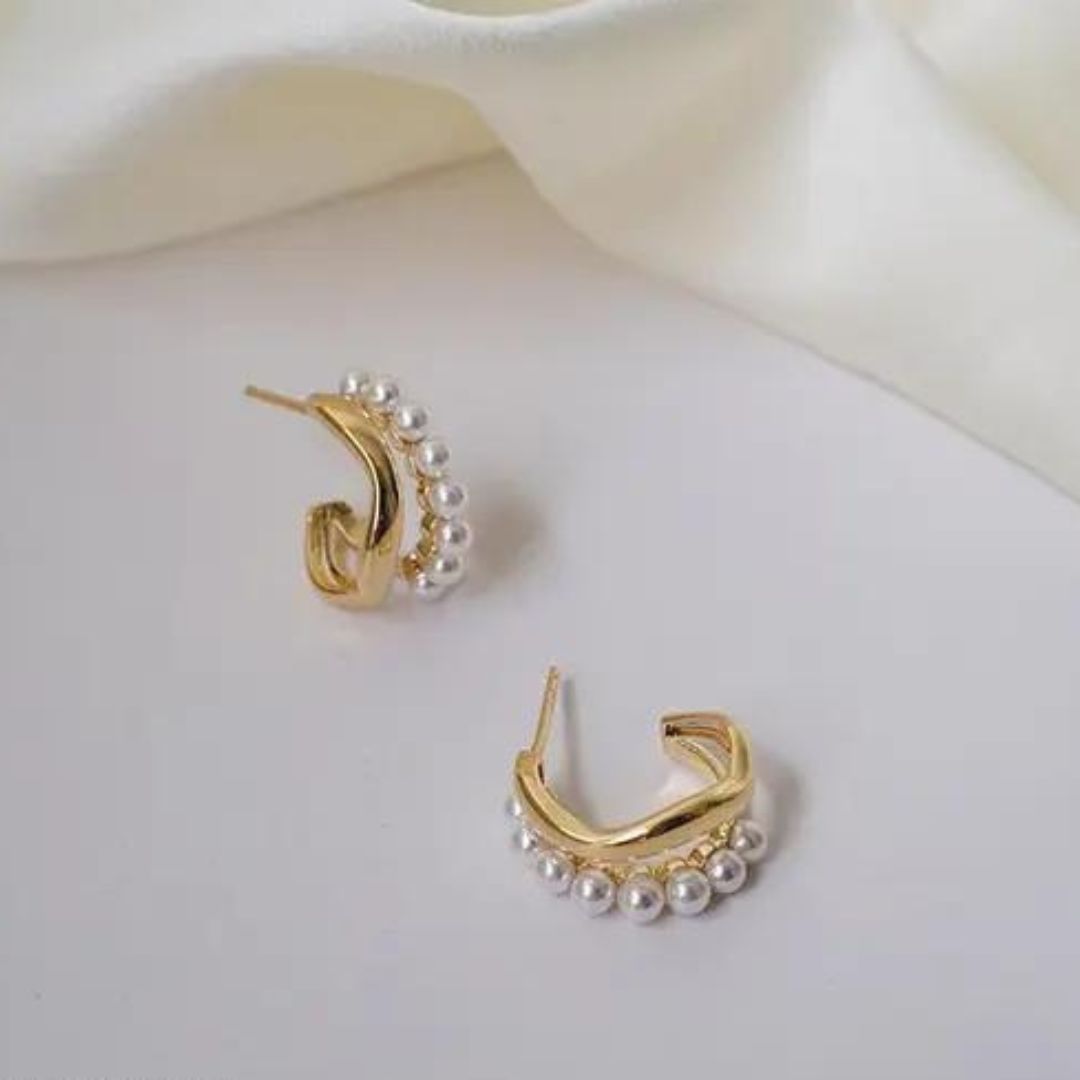 C Shaped Pearl Gold Hoop Korean Fashion Earrings