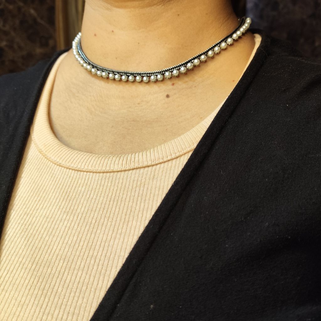 Oxidized Pearl Chain Necklace