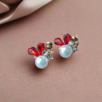 Pearl and red crystal cluster stud Korean Fashion earrings