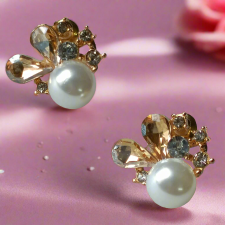 Pearl and yellow crystal cluster stud Korean Fashion earrings