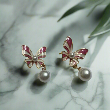 Pink Pearl Butterfly Drop Trendy Korean Fashion Earrings