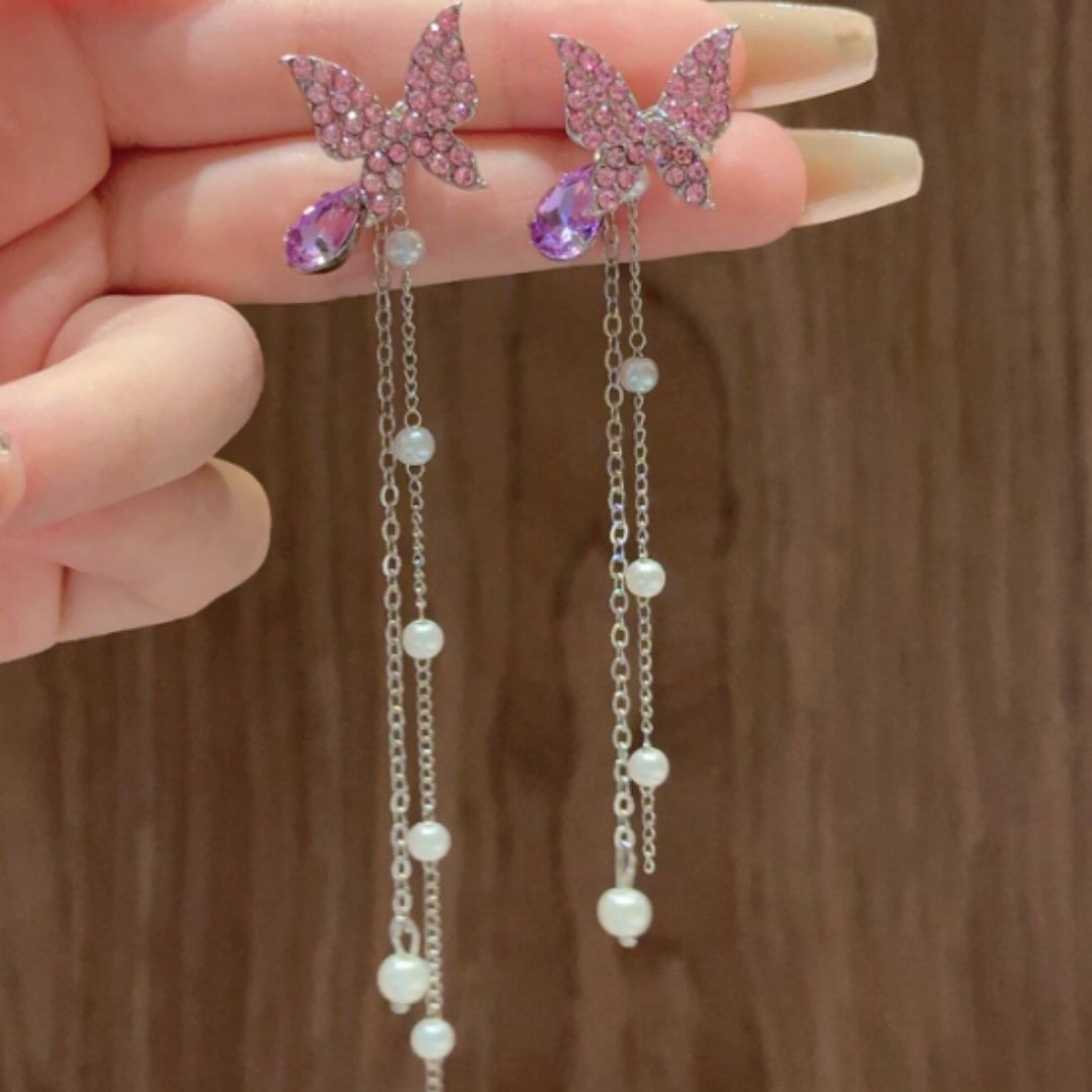 Purple Butterfly Pearl Tassel Trendy Korean Fashion Earrings