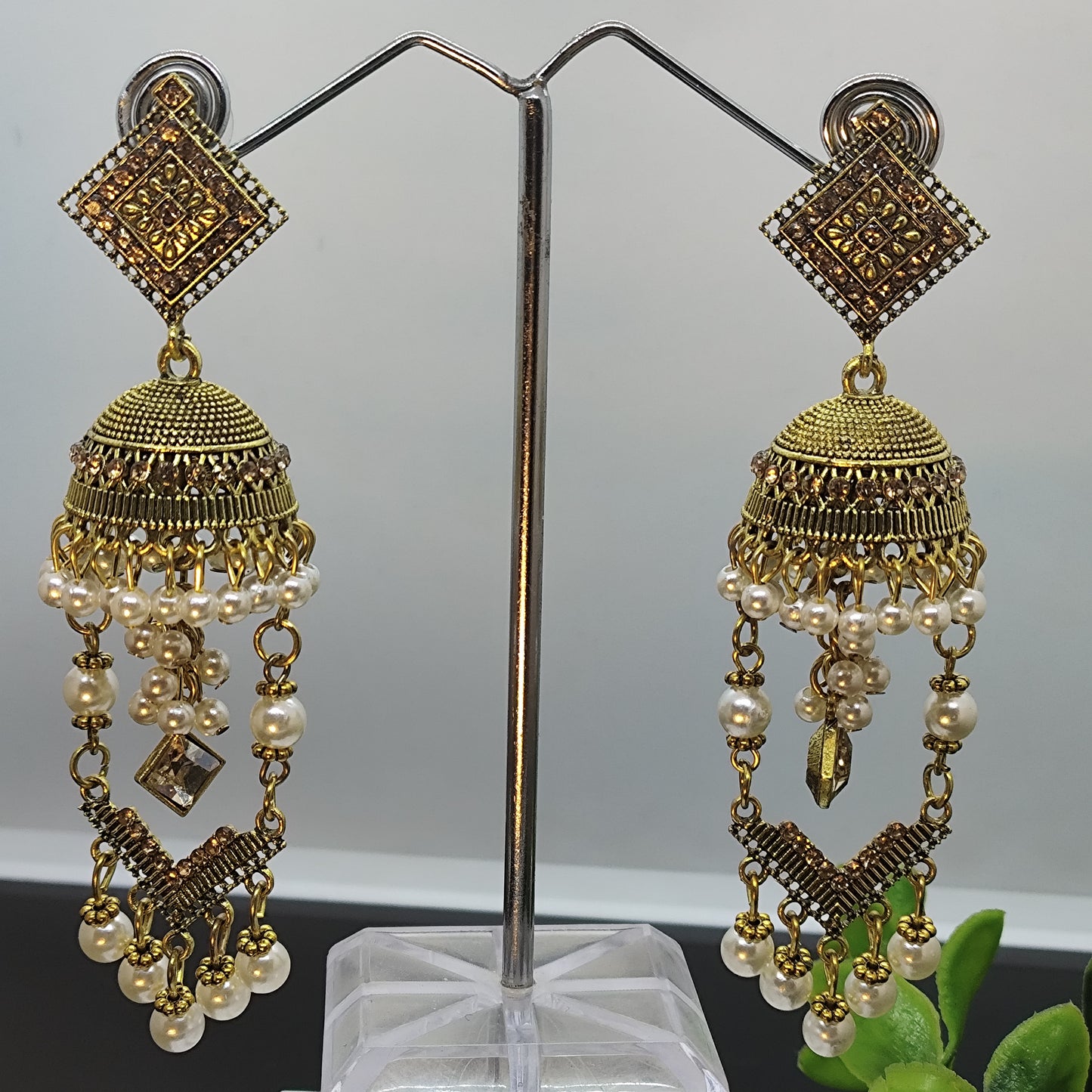 Ratnavali Antique Zirconia and Pearl Jhumka