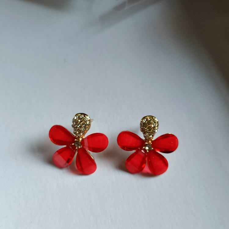 Red Floral Rhinestone Stud Statement Korea Fashion Earrings