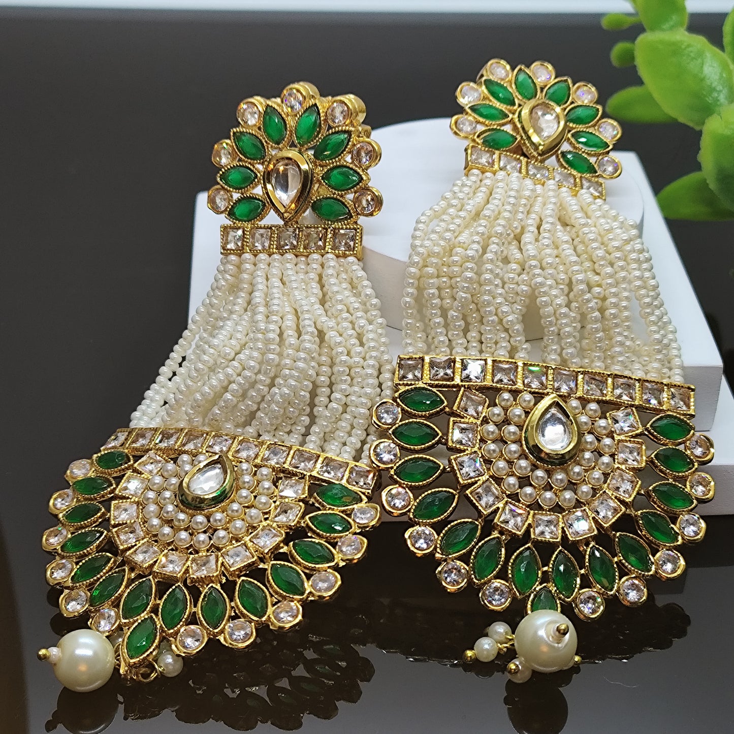 Royal Green Pearl Kundan Chandbali