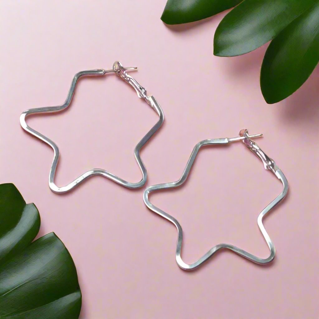 Silver Star Shape Metallic Hoops Korean Fashion Earrings