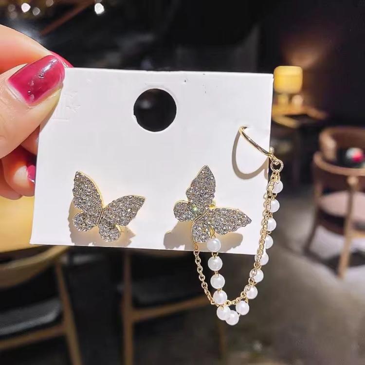 Sparkling Butterfly Pearl Ear Cuff tassel Korean Fashion Earrings