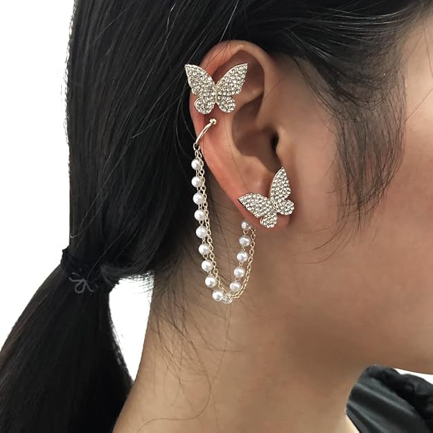 Sparkling Butterfly Pearl Ear Cuff tassel Korean Fashion Earrings