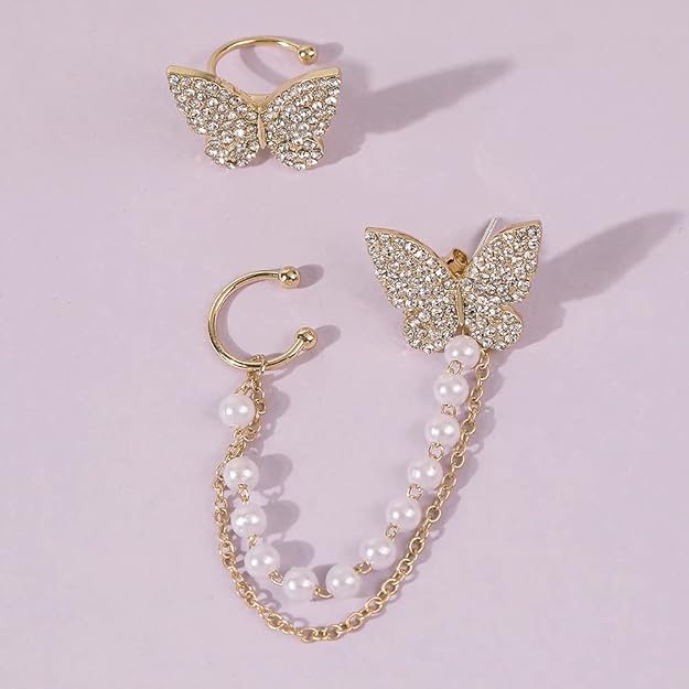 Sparkling Butterfly Pearl Ear Cuff tassel Korean Fashion Earrings