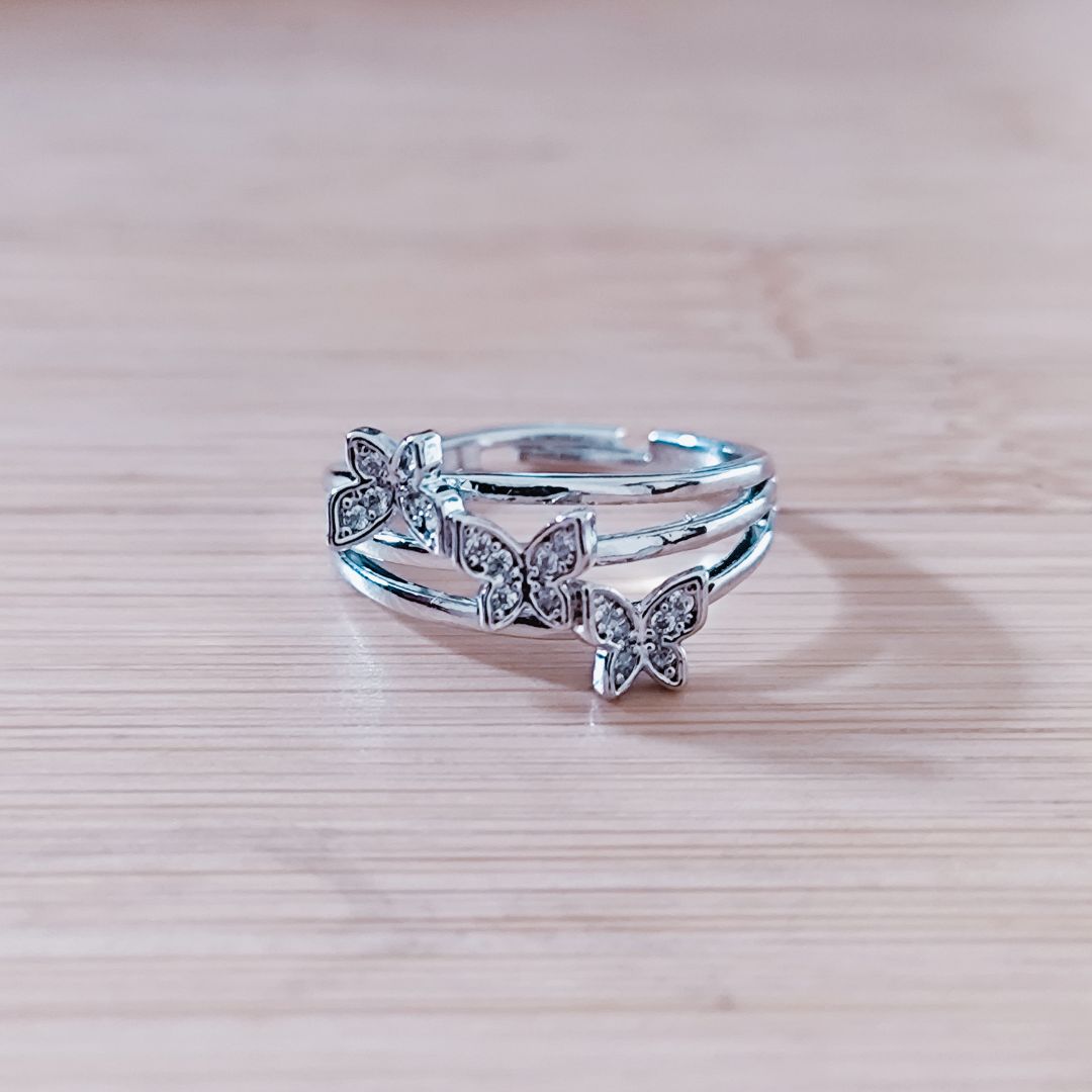 Anti Tarnish Korean Triple Butterfly Silver Ring