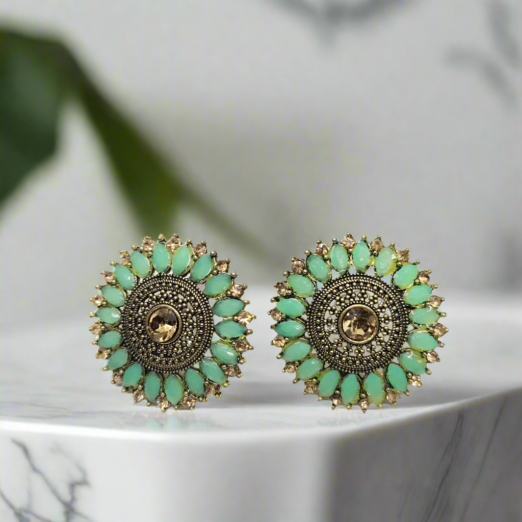 Turquoise & Amber Zirconia Studs Earrings