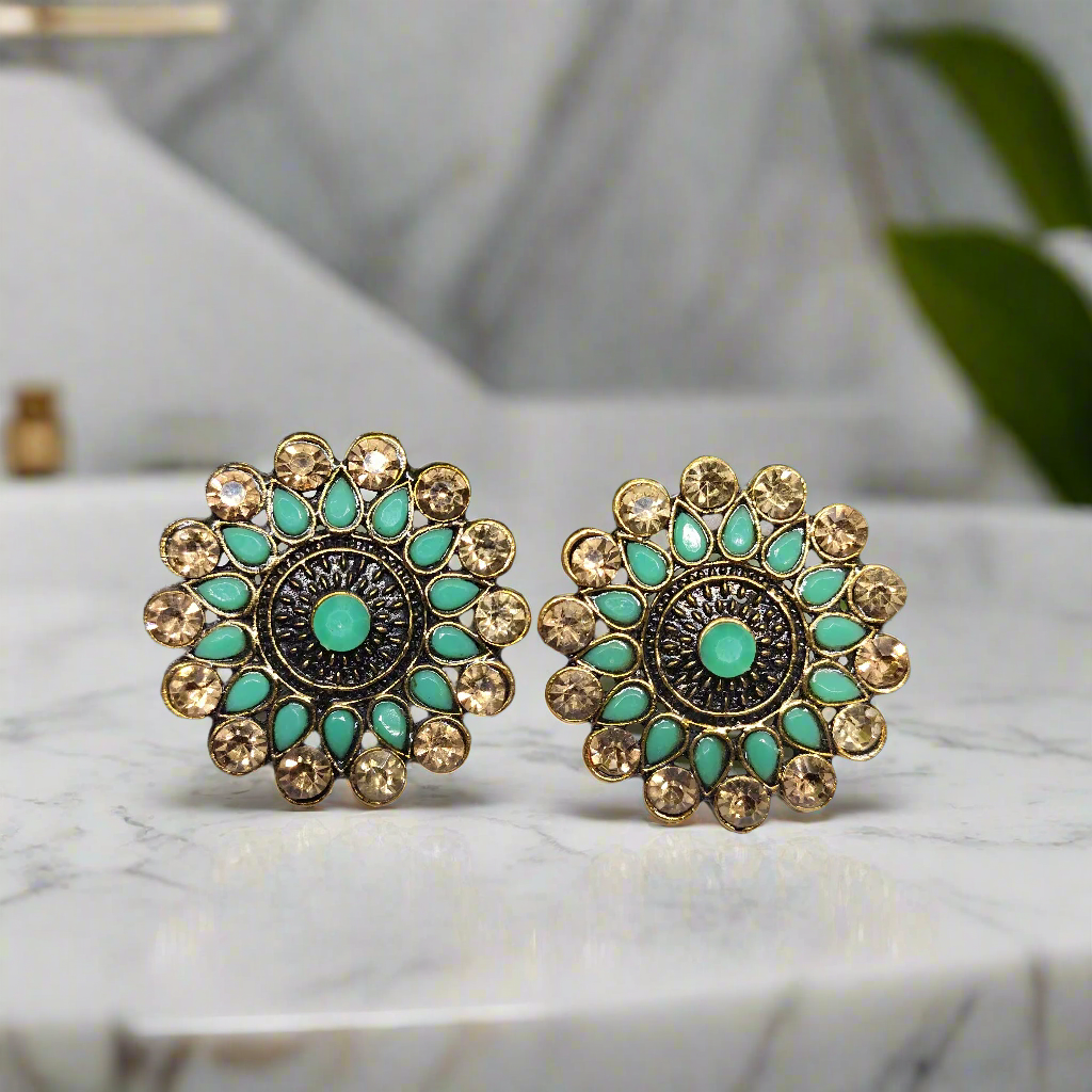 Turquoise & Gold Zirconia Studs Earrings