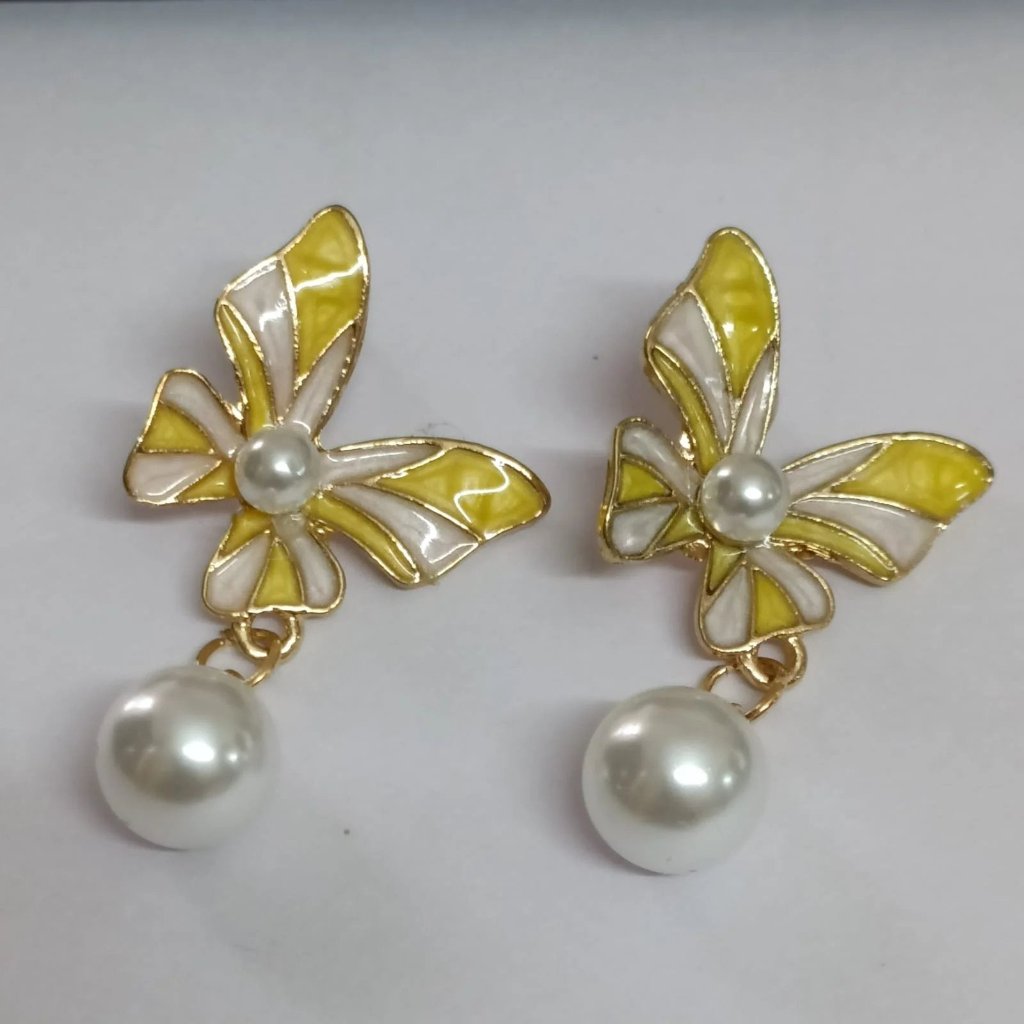 Yellow Pearl Butterfly Drop Korean Fashion Earrings