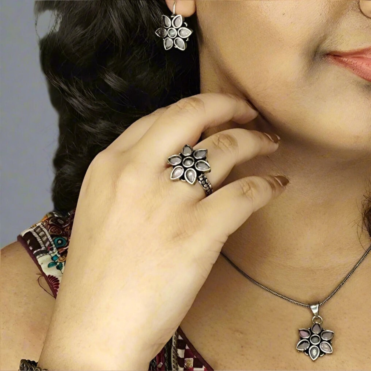 Oxidized Purple Floral Jewellery Set