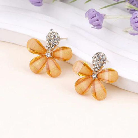 Orange Floral Rhinestone Stud Statement Earrings