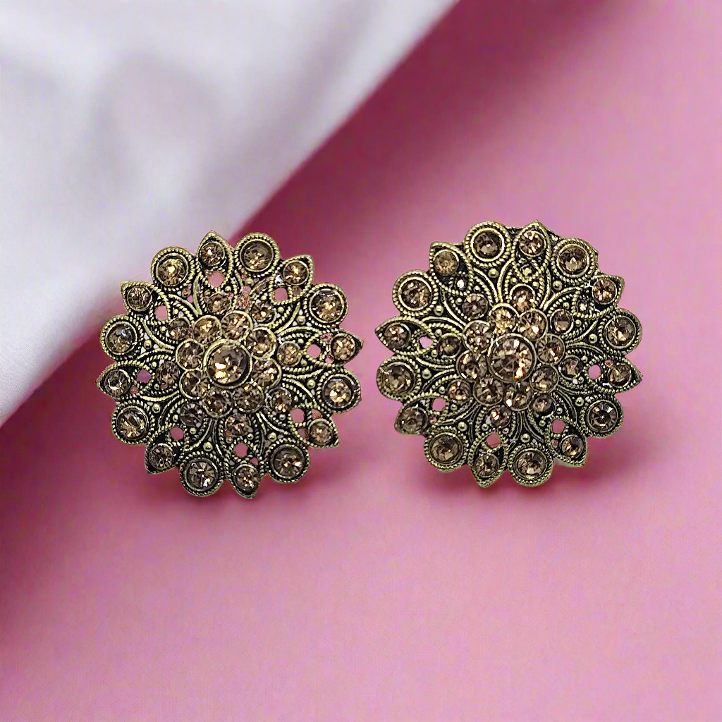 Antique Gold Blossom Zirconia Studs Earrings
