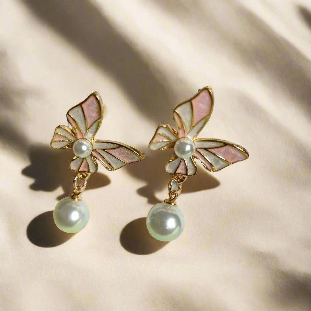 Baby Pink Pearl Butterfly Korean Drop Earrings
