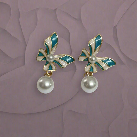 Blue Pearl Butterfly Drop Korean Fashion Earrings