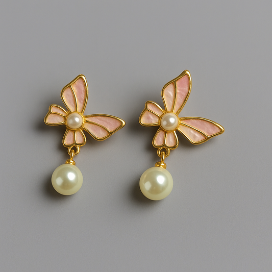 Baby Pink Pearl Butterfly Drop Earrings