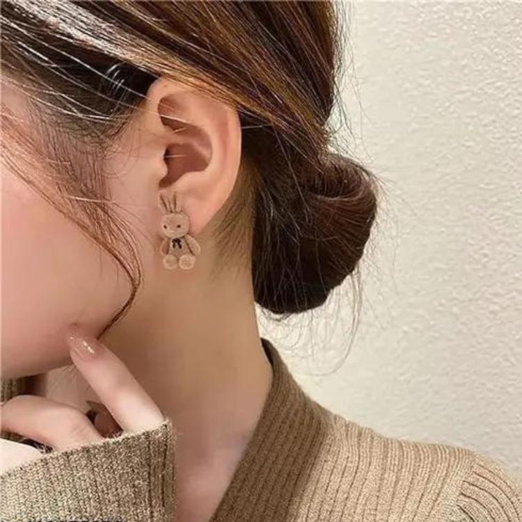 Khaki Cute Plush Rabbit Statement Korean Fashion Earrings