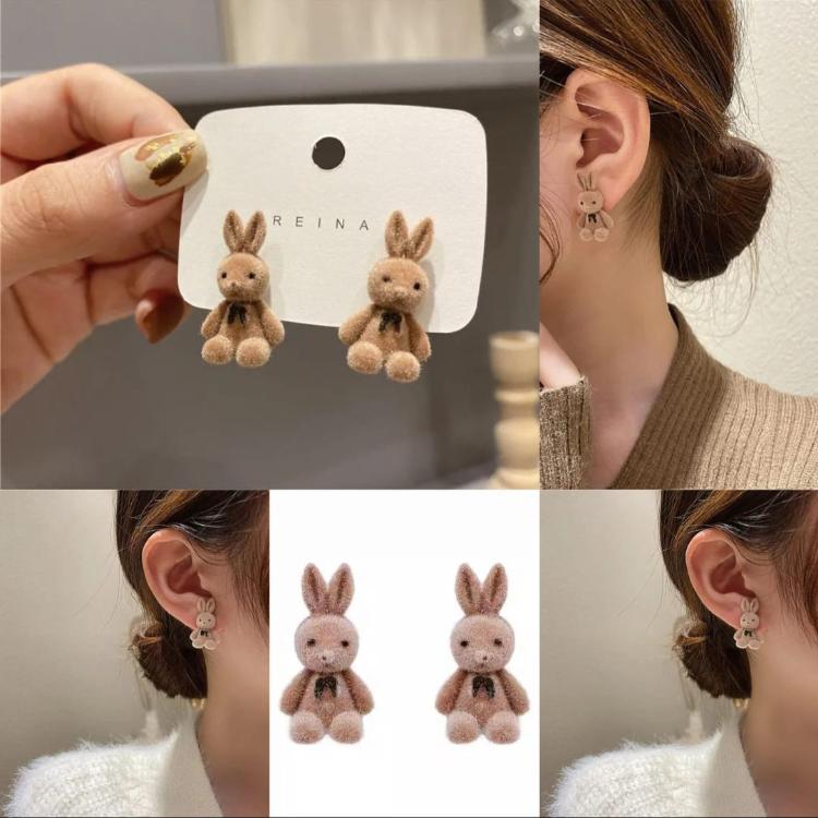 Brown Cute Plush Rabbit Statement Korean Fashion Earrings
